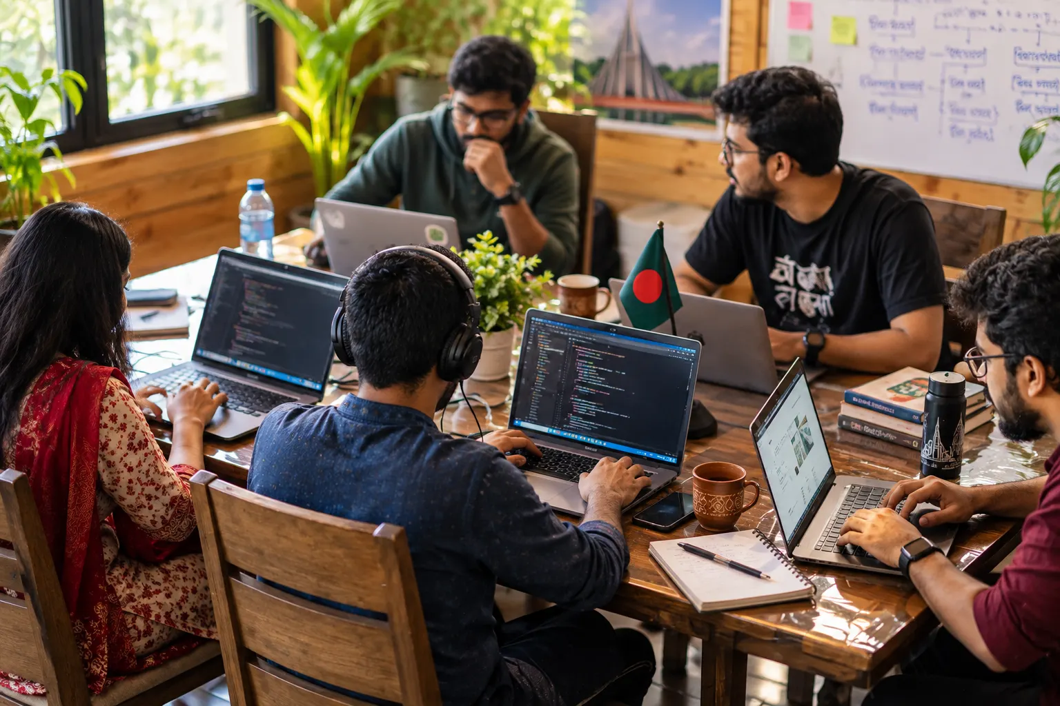 Three colleagues laughing together over laptops at a table