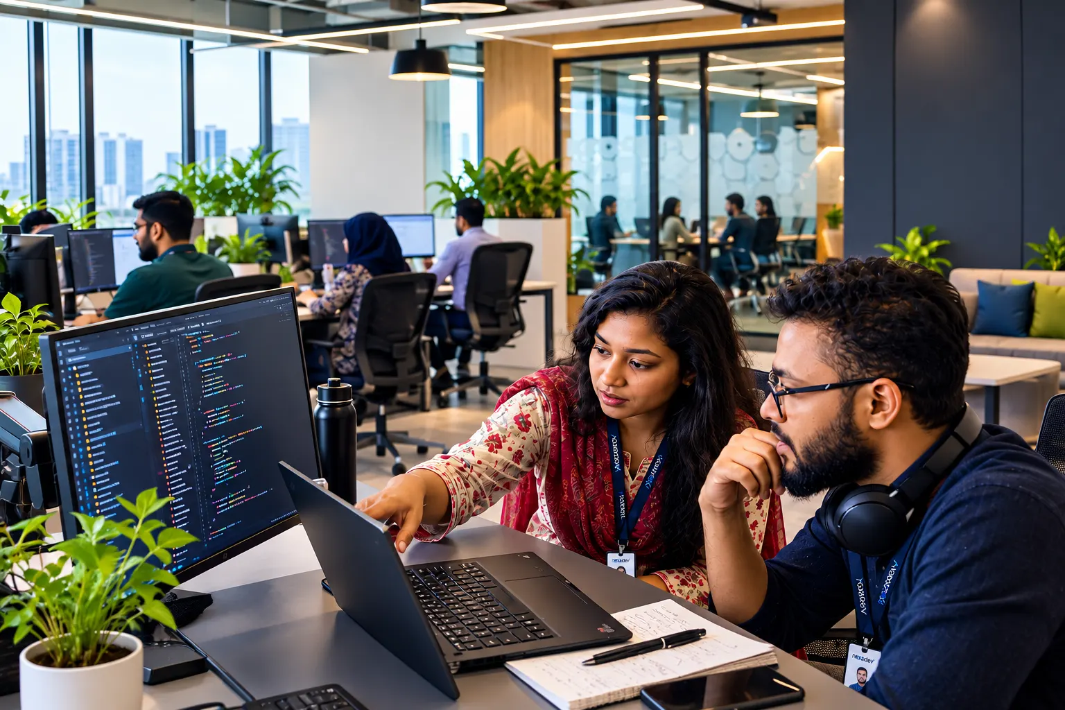 Two engineers at a desk, one pointing at code on a large monitor while the other listens