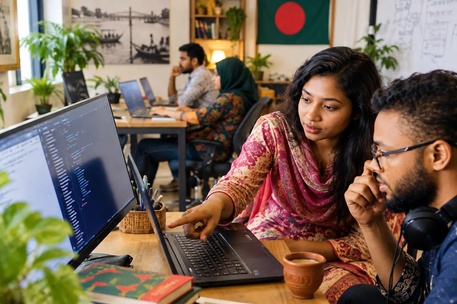 Two engineers at a desk, one pointing at code on a large monitor while the other listens